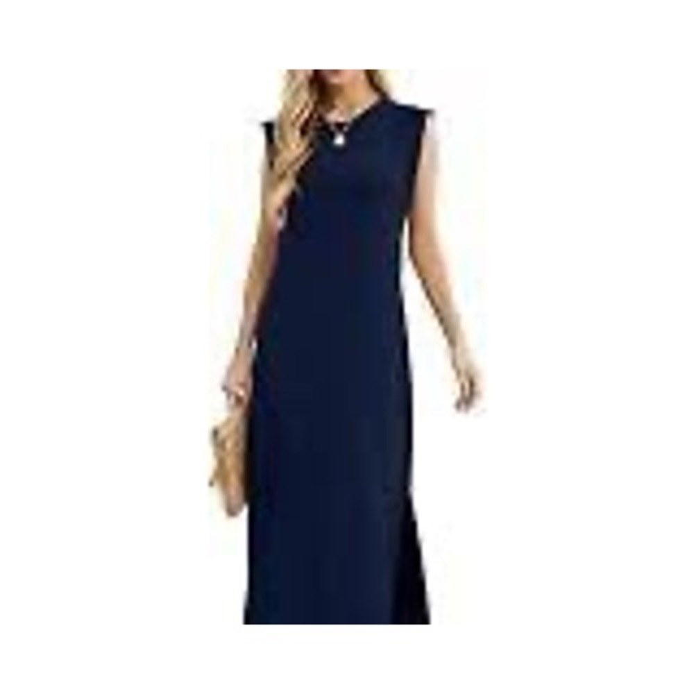 GRECERELLE Navy Blue Sleeveless Maxi Dress Side Slit Crew Neck Small
